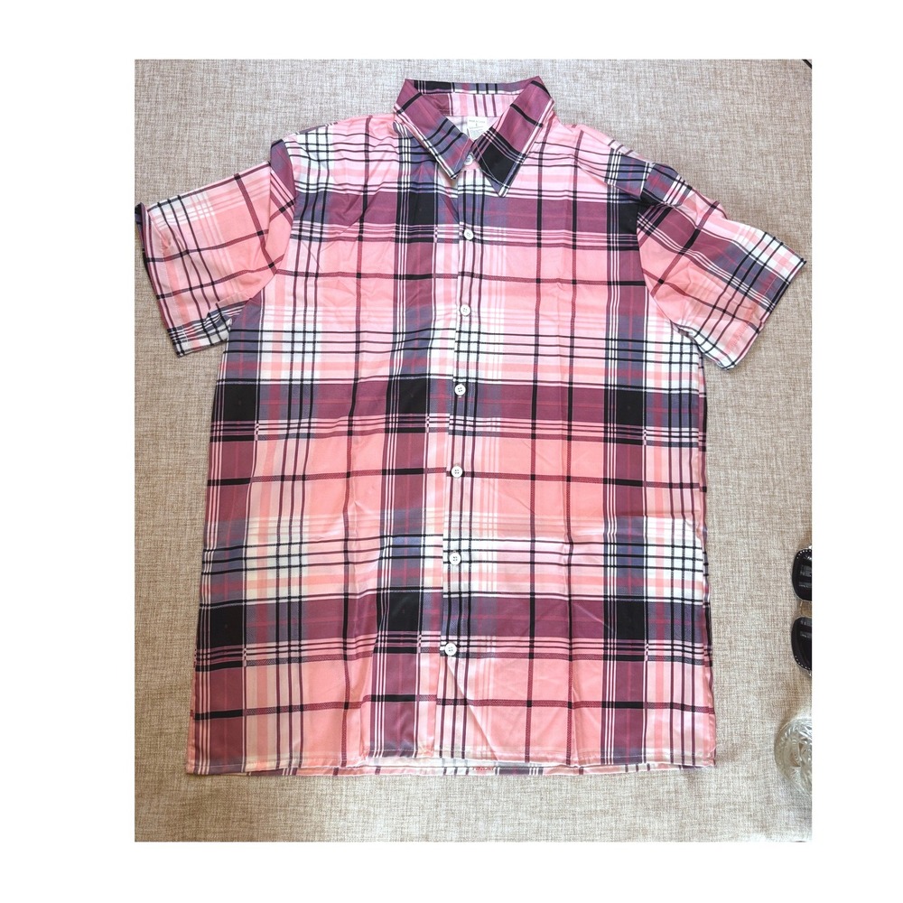 Mens Lightweight Pink Black Plaid Short Sleeve Button Down Shirt Large